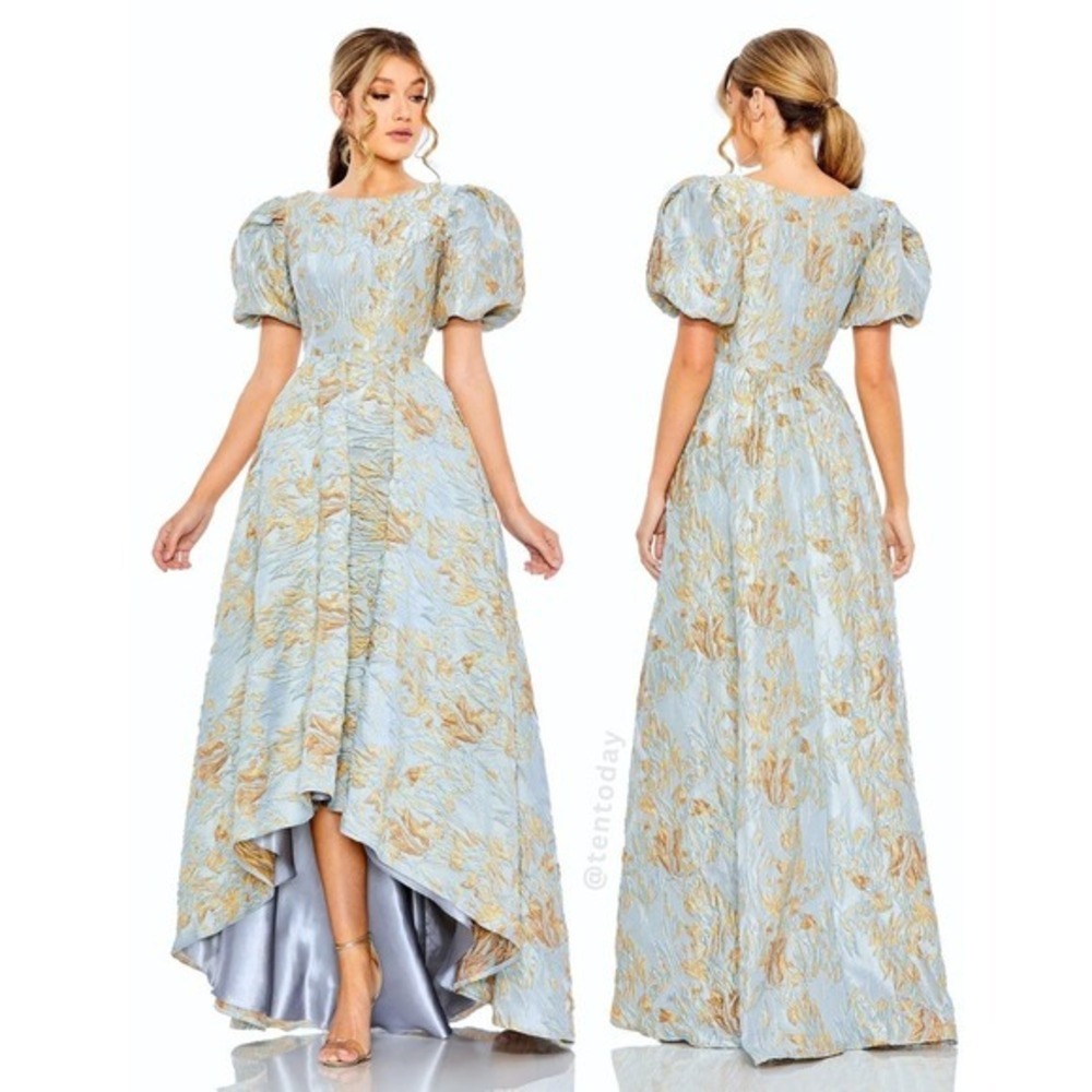 $798 Mac Duggal Size 18 Blue Gold Brocade Puff Sleeve High Low Maxi Gown Dress